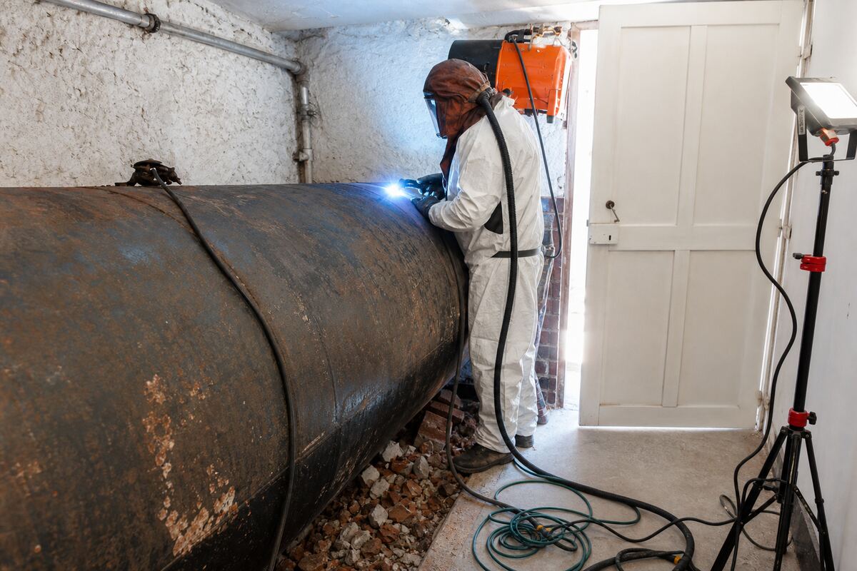 Technicien équipé lors du démantèlement d'une cuve à fioul en sous-sol